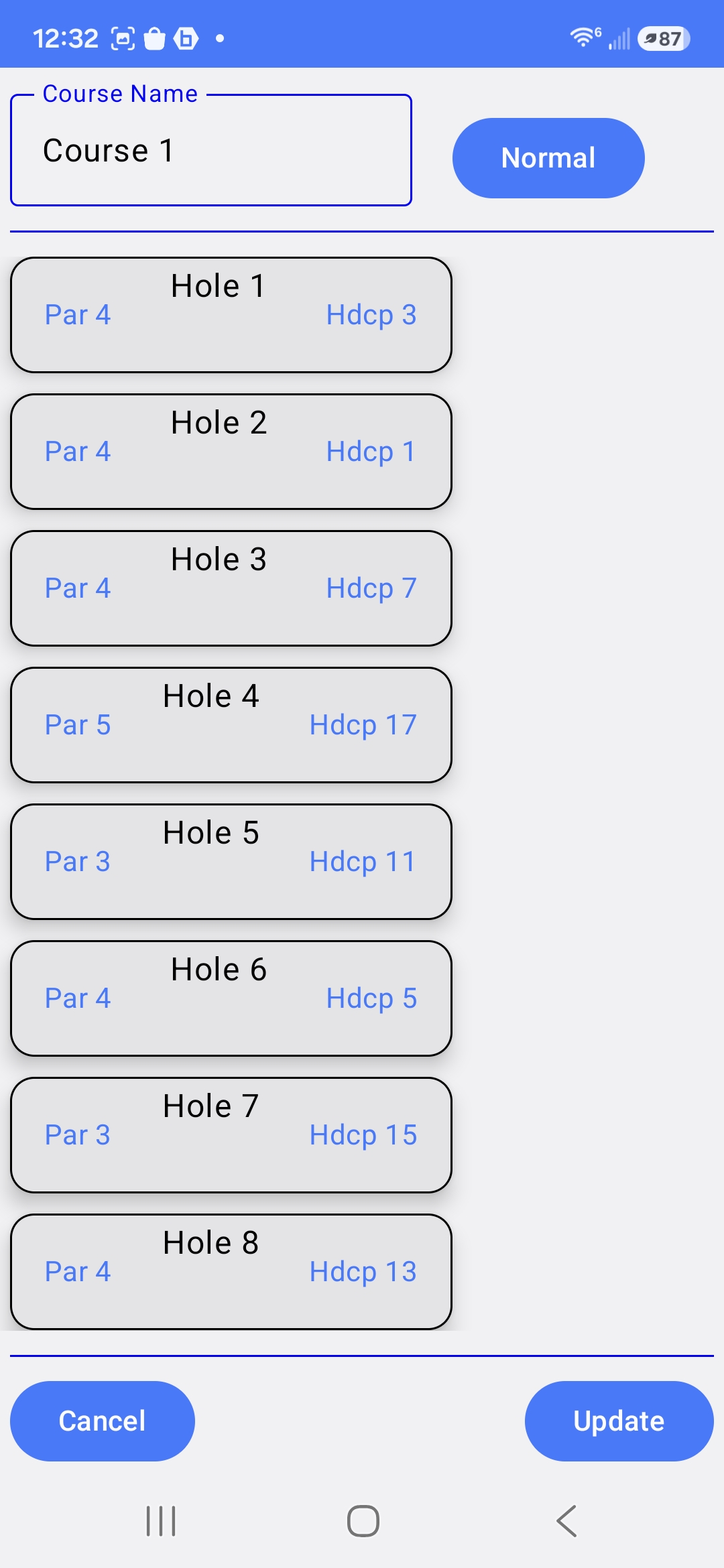Configure Golf Course screen showing par and handicap per hole