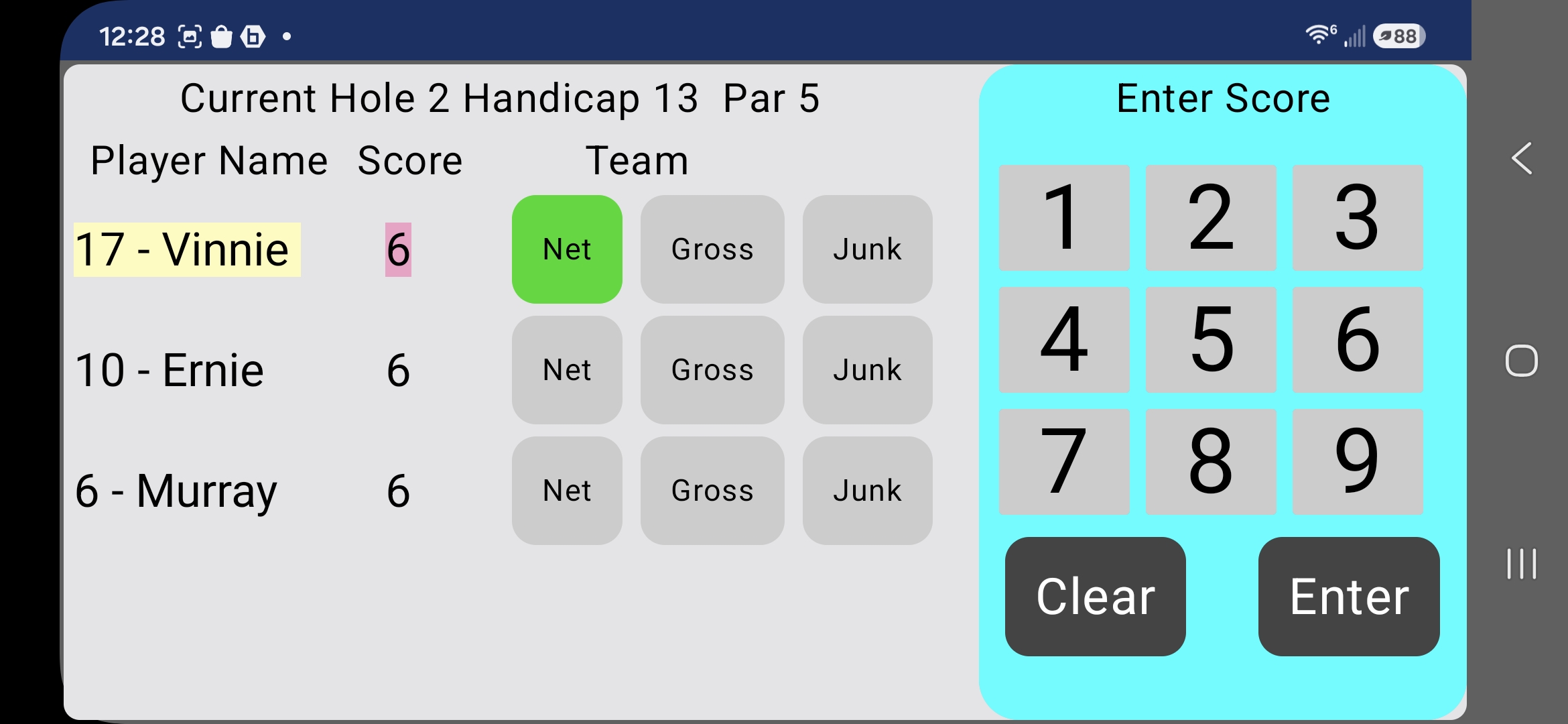 Score entry screen with numeric keypad and Net, Gross, Junk tags