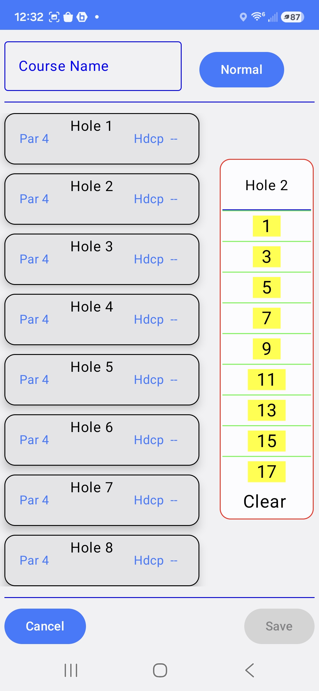 Handicap index picker for a single hole